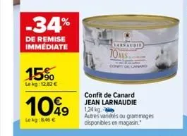 -34%  de remise immediate  15%  lekg: 12,82 €  10%9  49  lekg:8,46 €  lars audie  70ans  confit de canard jean larnaudie 1,24 kg. autres variétés ou grammages disponibles en magasin. 