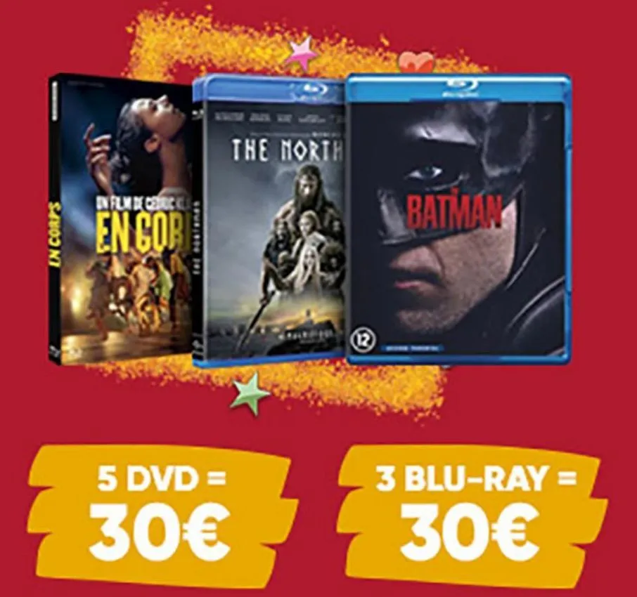 in corps  in film de cetrical  en cor  fet postanes  the north  5 dvd =  30€  batman  3 blu-ray =  30€  