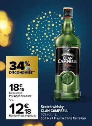 34%  d'économies  1895  la bouteille prix payé en caisse soit  clan campbell  mu  scotch whisky clan campbell remise fidelite dédute 40% vol. 1l  12€  soit 6,27 € sur la carte carrefour.  