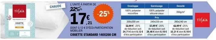 tissaia  chaude  -25%  ,21  dont 0,12 € d'éco-participation mobilier  couette standard 140x200 cm  enveloppe  100% polyester microfibre  200x200 cm  32,95 € -25% de réduction soit 24,71 € dont 0,12 € 