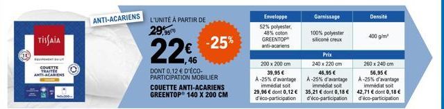 TISSAIA  COUETTE TRAITÉE ANTI-ACARIENS  60.300  ANTI-ACARIENS  L'UNITÉ À PARTIR DE 29,95¹)  -25%  22€  DONT 0,12 € D'ÉCO-PARTICIPATION MOBILIER  COUETTE ANTI-ACARIENS GREENTOP® 140 X 200 CM  Enveloppe