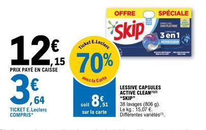 Bon plan Leclerc : - 80% sur le 2ème bidon de lessive Skip Active Clean