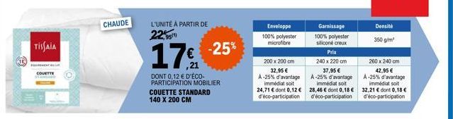 TISSAIA  CHAUDE  -25%  17€  DONT 0,12 € D'ÉCO-PARTICIPATION MOBILIER COUETTE STANDARD 140 X 200 CM  Enveloppe  100% polyester microfibre  200 x 200 cm 32,95 € A-25% d'avantage immédiat soit 24,71 € do