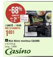 -68%  CAGITTES  L'UNITÉ : 1€49 PAR 2 JE CAGNOTTE:  1601  2 Max  Casino 16  A Mini Blinis moelleux CASINO  x 16 (135 g)  Le kg 1104  Casino  Blinis  Moreux 