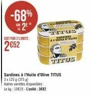 -68% 2⁹"  soit par 2 lunite:  2€52  autres variétés disponibles  le kg: 10€19-l'unité: 3682  sardines à l'huile d'olive titus 3x 125 g (375g)  adve  titus sardines alhuile d'oliv ton  titus 