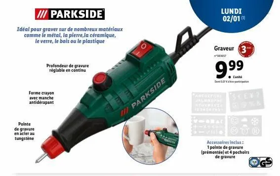 /// parkside  idéal pour graver sur de nombreux matériaux comme le métal, la pierre, la céramique, le verre, le bois ou le plastique  forme crayon avec manche antidérapant  pointe de gravure en acier 