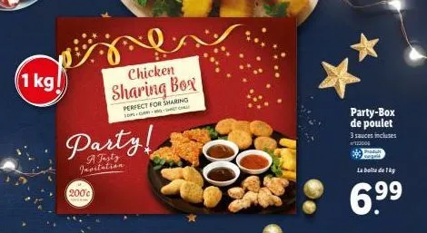 1 kg  pe  party!  invitation  200c  chicken sharing box  perfect for sharing toms  party-box de poulet  3 sauces incluses 100004  la boite de 1kg  6.⁹⁹ 