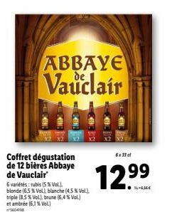 Coffret dégustation de 12 bières Abbaye de Vauclair  6 variétés: rubis (5 % Vol.). blonde (6,5 % Vol), blanche (4,5 % Vol.), triple (8,5 % Vol), brune (6,4 % Vol.) et ambrée (6,1 % Vol)  560498  ABBAY