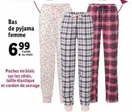 bas de pyjama femme  6.⁹9  poches en biais sur les côtés, taille élastique et cordon de serrage 