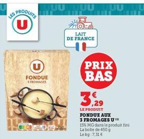 ES PRODUITS (U)  FONDUE 1 FROMAGES  C  213  LAIT DE FRANCE  HI  PRIX BAS  3,29  LE PRODUIT  FONDUE AUX 3 FROMAGES U 15% MG dans le produit fini  La boite de 450 g Le kg: 7,31 € 