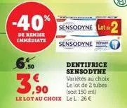 -40%  de remise immediate  ,50  le lot au choix lel: 26€  sensodyne lot 2  sensodyne  dentifrice sensodyne variétés au choix le lot de 2 tubes (soit 150 ml) 