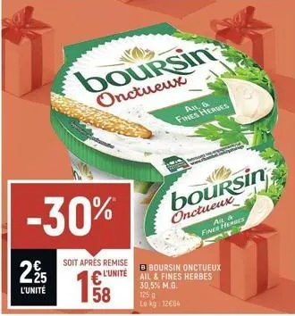 22/15  l'unité  -30%  soit après remise  158  boursin  onctueux  ail b  fines herbes  b boursin onctueux l'unite ail & fines herbes 30,5% m.g. 1250 le kg: 12€64  boursin  onctueux  an &  fines herbes 