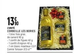 13%  L'UNITÉ CORBEILLE LES BORIES  - 1 bloc foie gras  de canard 90 g  -1 confit de figues 40 g  -1 confit d'oignon 40 g  - 1 vin blanc moelleux L.G.P. Comté Tolosan 37,5 cl**  COMIS CANTERA  