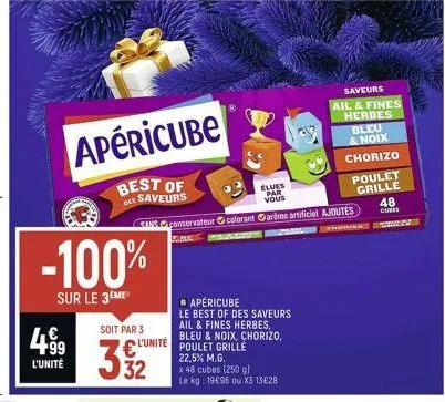 apericube  best of des saveurs  -100%  sur le 3ème  499  l'unité  soit par 3  332  élues par  vous  canc conservateur colorant carème artificiel ajoutes  l'unité  bapericube  le best of des saveurs ai