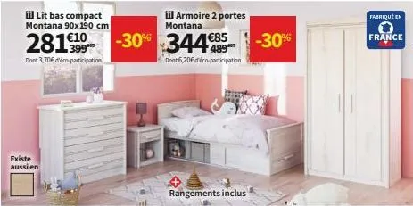 il lit bas compact montana 90x190 cm  28110  399  dont 3,70€ d'éco-participation  existe aussi en  iil armoire 2 portes  montana  -30% 344€85 -30%  dont 6,20€ d'éco-participation  rangements inclus  f