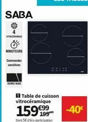 saba  4  vitrocera  minuteurs  commandes sensitives  table de cuisson vitrocéramique  159€99  dont 5€ déco participation  -40€ 