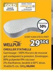 gold  qualite diqusme  deko  economiser  50%  dont 0,064 d'éco-part  2950€  wellpur  oreiller stathelle  garnissage: 100% flocons de mousse gel soulageant la pression. enveloppe: 89% polyester/9% visc