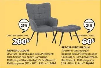 economiser  25%  dont 2,05€ d'éco-part  200€  xt  fauteuil uldum  structure: contreplaqué, acier. piètement: acier, finition noir époxy. garnissage: 100% polyuréthane (24 kg/m), revêtement: 100% polye