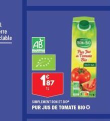 AB  H  187  1L  SIMPLEMENT BON ET BIO PUR JUS DE TOMATE BIOⒸ  BON-BO  Pur Jus Tomate Bie  MEEM 