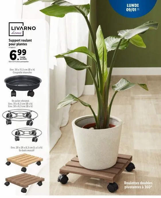 livarno home  support roulant pour plantes  "380117  l'uni ● au choix  dont 007 con  env. 30 x 11,5 cm (0 xh) coupelle étanche  en acier chromé env. 35 x 6,3 cm (0xh) env. 30 x 6,3 cm (0xh)  env. 29 x