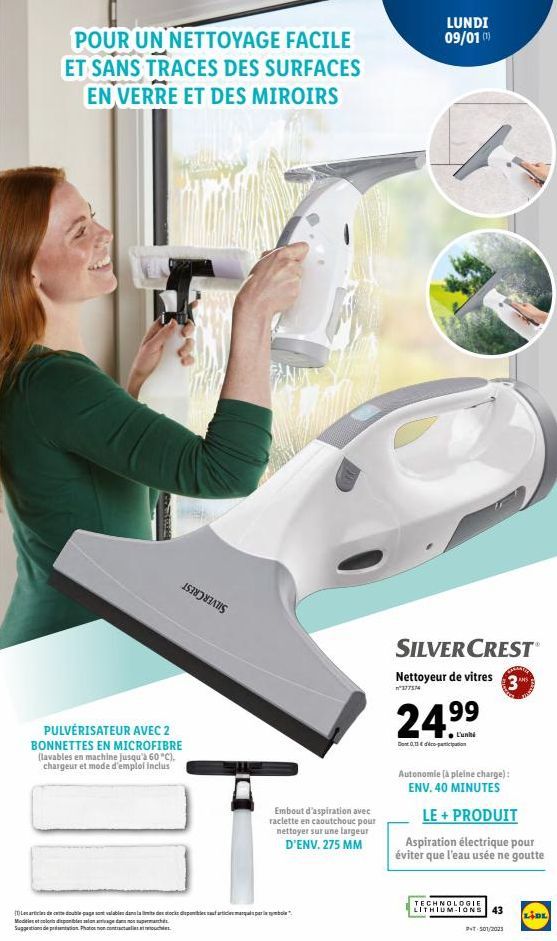 POUR UN NETTOYAGE FACILE ET SANS TRACES DES SURFACES EN VERRE ET DES MIROIRS  THE  Cons  PULVÉRISATEUR AVEC 2  BONNETTES EN MICROFIBRE (lavables en machine jusqu'à 60 °C), chargeur et mode d'emploi in