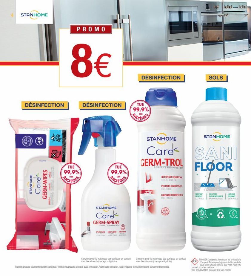 STANHOME  DÉSINFECTION  40)  STANHOME  Care<  GERM-WIPES  好团  TEBONT BLAT  WO  SULTING  PROMO  8€  TUE  99,9%  PACTERIES  DÉSINFECTION  TUE  99,9%  FACTERIES  STANHOME  Care  GERM-SPRAY  PERFECT DISIN