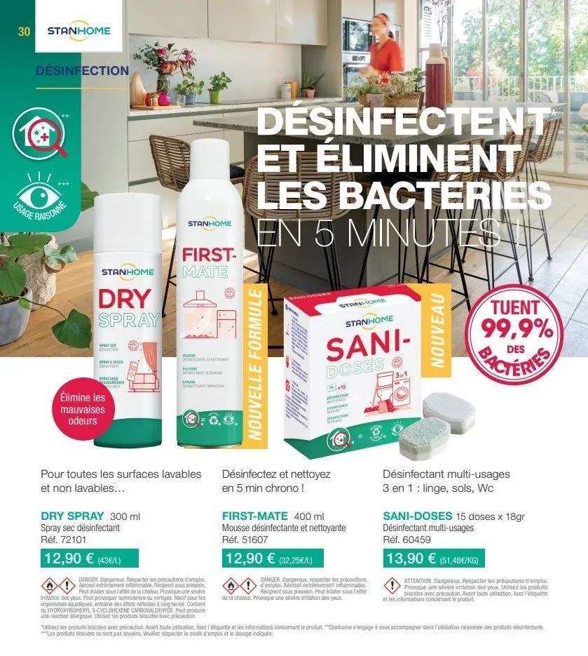 30 stanhome  désinfection  \ | /  be raisonne  first-stanhome mate  dry spray  spray sec  cat  spray & 50000 dovitimat  us  spray sec rocante cave  élimine les mauvaises odeurs  stanhome  mousse  peli