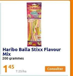 haribo balla stixx flavour  mix  200 grammes  7.25/ka  haribo  fizz  face mat  consulter 