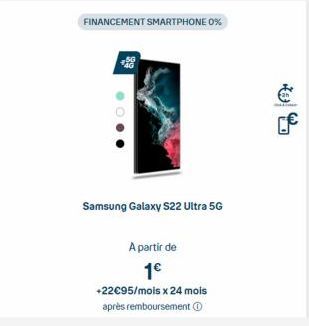 FINANCEMENT SMARTPHONE 0%  ●  Samsung Galaxy S22 Ultra 5G  A partir de 1€  +22€95/mols x 24 mois après remboursement  € 