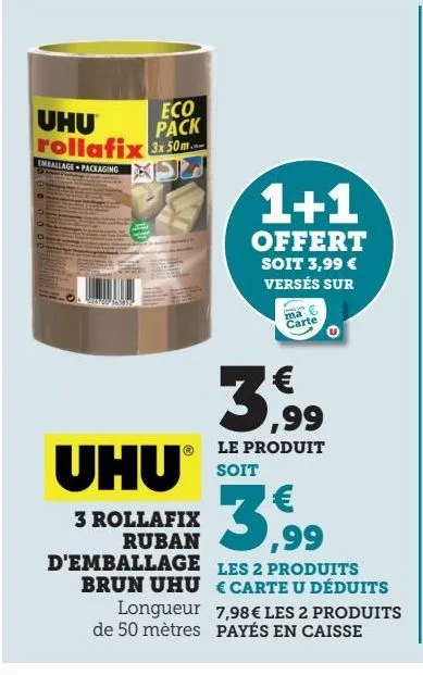 3 rollafix ruban 1+1 d'emballage brun uhu