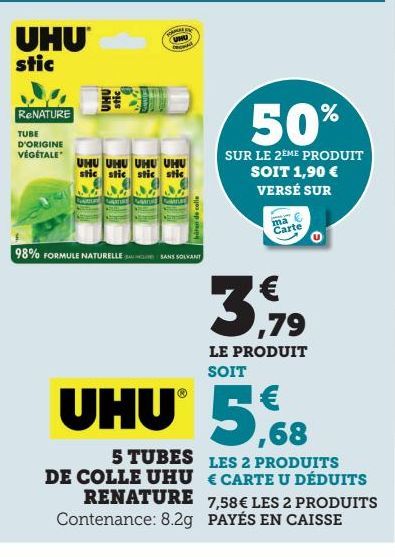 5 TUBES DE COLLE UHU RENATURE