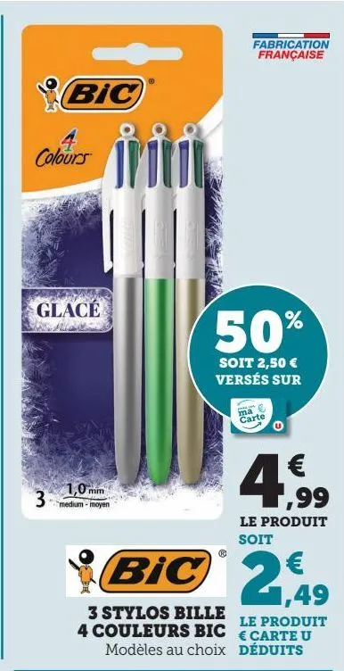 3 stylos bille 4 couleurs bic
