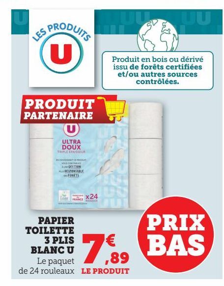 PAPIER TOILETTE 3 PLIS BLANC U