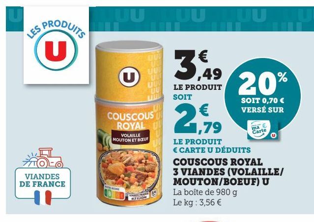 COUSCOUS ROYAL3 VIANDE (VOLAILLE/ MOUTON/ BOEUF) U