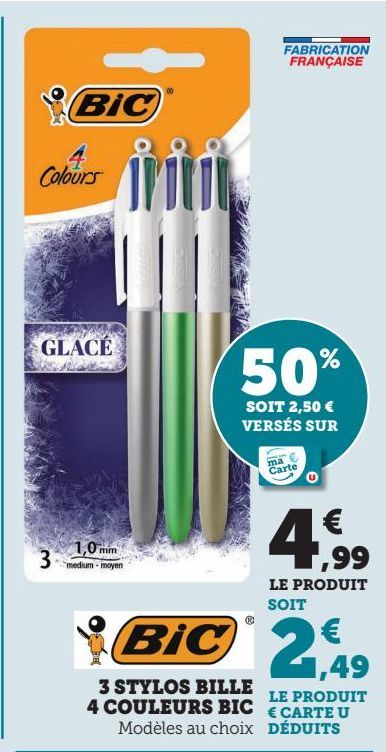 3 STYLOS BILLE 4 COULEURS BIC