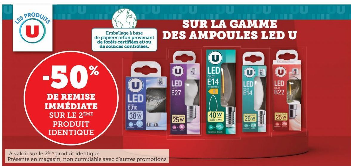 -50% de remise immediate sur le 2eme produit identique sur la gamme des ampoules led u