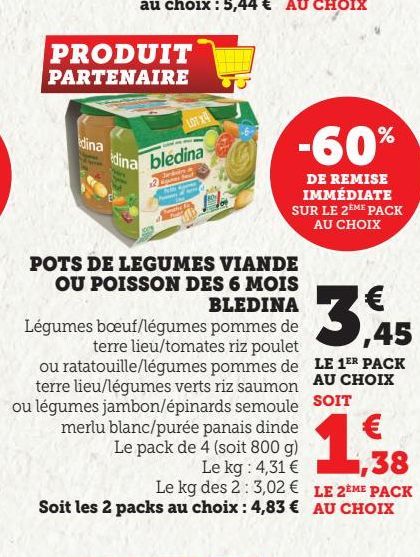 POTS DE LEGUMES VIANDE OU POISSON DES 6 MOIS BLEDINA 