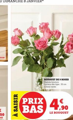 À SAISIR  PRIX BAS  BOUQUET DE 9 ROSES  Moyens boutons Hauteur des tiges: 50 cm Coloris variés  € 1,90  LE BOUQUET 