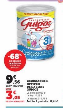 IMMÉDIATE SUR LE PRODUIT  FORMAT SPECIAL 9305  LABORATOIRES  68% roissance  DE REMISE  ,56  LE 1 PRODUIT SOIT  Le kg des 2:6,78 €  LE 2 PRODUIT Soit les 2 produits: 12,61 €  OPTIPIC  3  K  FORME  CROI