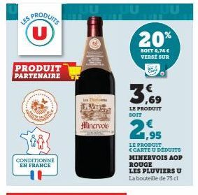 SPRODUITS U  PRODUIT PARTENAIRE  CONDITIONNÉ  EN FRANCE  Les Im  Minervois  20%  SOIT 0,74 € VERSÉ SUR  LE PRODUIT SOIT  1,95 LE PRODUIT <CARTE U DÉDUITS MINERVOIS AOP ROUGE  LES PLUVIERS U La bouteil