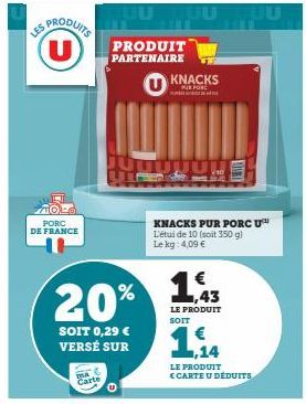 LES  US PRODUITS U  TOLO  PORC DE FRANCE  Carte  PRODUIT PARTENAIRE  20%  SOIT 0,29 € VERSÉ SUR  JUUL  U  KNACKS  PUE FORE  A  1,43  LE PRODUIT SOIT  KNACKS PUR PORC U L'étui de 10 (soit 350 g) Le kg: