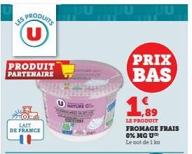 PRODUIT  PARTENAIRE  LAIT  DE FRANCE  UUU  0  10  PRIX BAS  1,89  LE PRODUIT  FROMAGE FRAIS 0% MG U  Le pot de 1 ku 