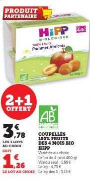 PRODUIT PARTENAIRE  2+1  OFFERT  €  3.78  LES 3 LOTS AU CHOIX SOIT  HiPP  BIOLOGIQUE 100% Fruits Pommes Abricots  1,26  LE LOT AU CHOIX  AB  AGRICULTU BIOLOGIQUE  COUPELLES 100% FRUITS  DES 4 MOIS BIO