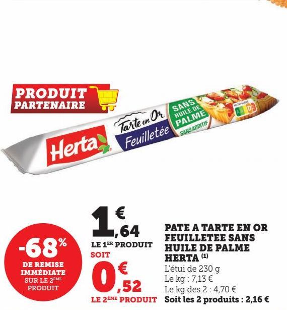 PATE A TARTE EN OR FEUILLETEE SANS HUILE DE PALME HERTA 