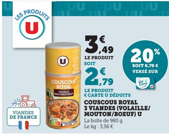 COUSCOUS ROYAL 3 VIANDES (VOLAILLE/ MOUTON/BOEUF) U