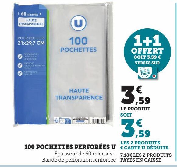 100 POCHETTES PERFORÉES U 