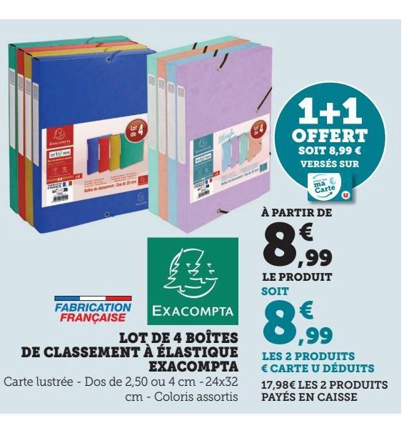 LOT DE 4 BOÎTES DE CLASSEMENT À ÉLASTIQUE EXACOMPTA