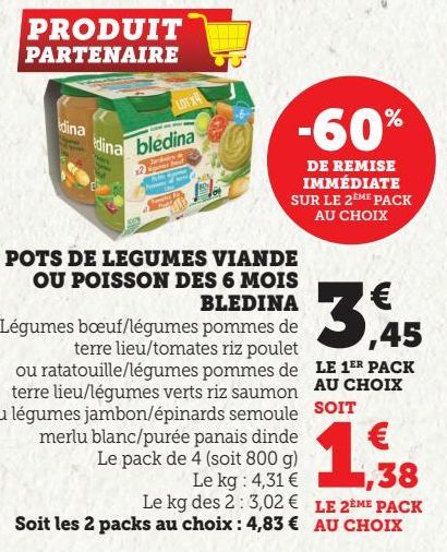 POTS DE LEGUMES VIANDE OU POISSON DES 6 MOIS BLEDINA