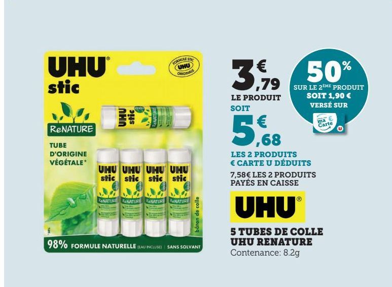 5 TUBES DE COLLE UHU RENATURE 