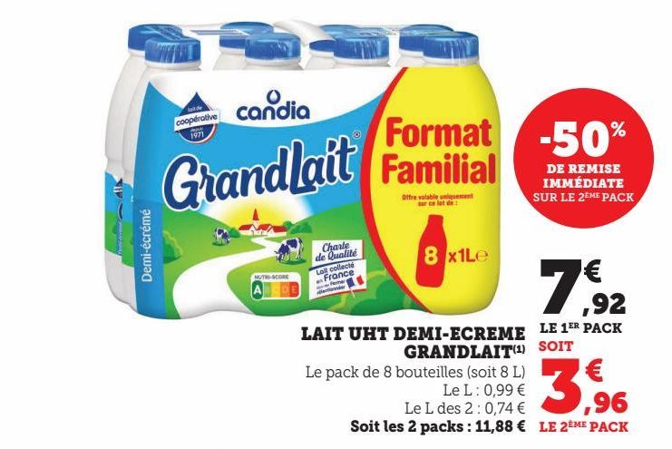 LAIT UHT DEMI-ECREME GRANDLAIT 